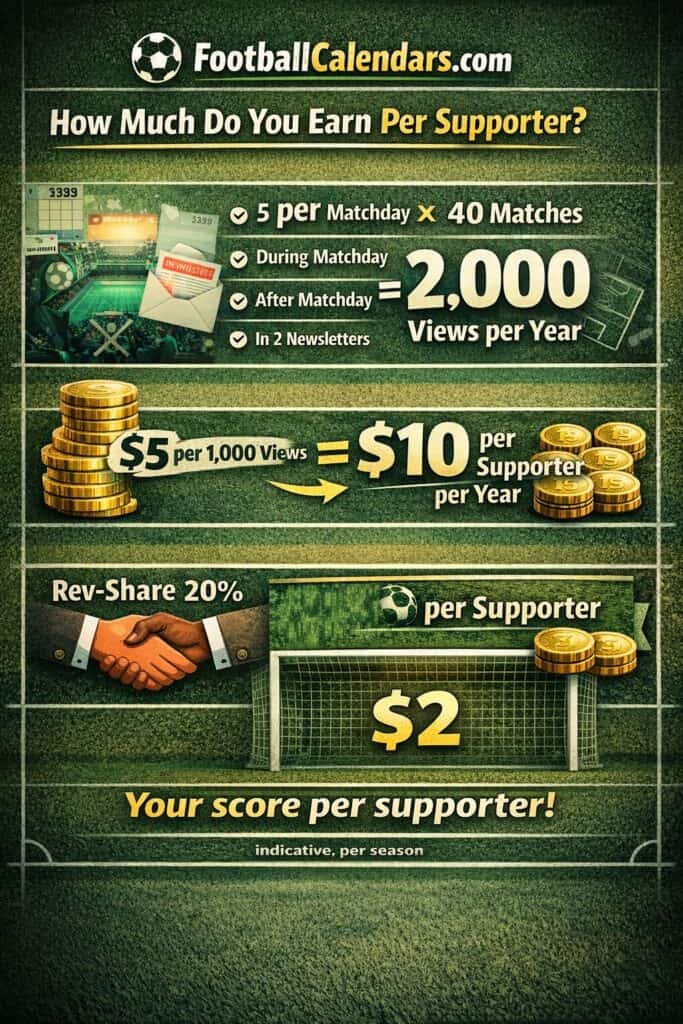 Footballcalendars.com offers a rev-share/affiliate for partnering supporters clubs. This is the earning model.